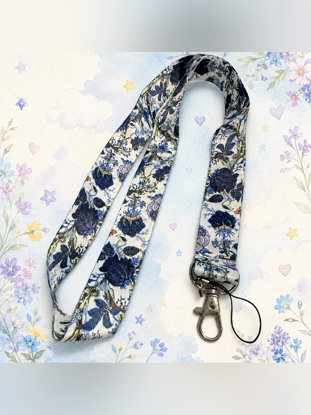 30” 🆕 Navy Blue Floral Lanyard ID Badge Holder Keychain Phone Strap